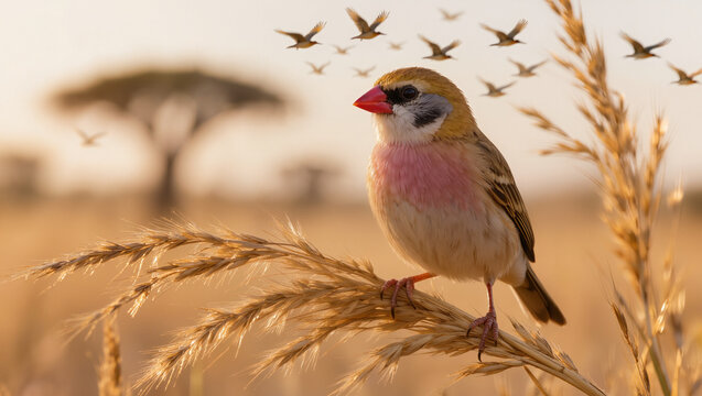 Red-billed quelea bird perched on dry savanna grass in African natural habitat
