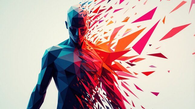 Abstract human figure disintegrates into colorful geometric shards, particles. Modern digital illustration shows metamorphosis through vibrant neon shapes, dynamic motion. Futuristic concept of