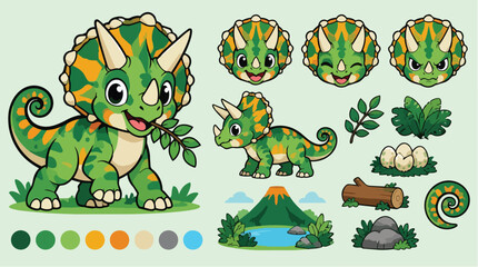 Cute baby triceratops dinosaur character set with prehistoric elements. © natasha