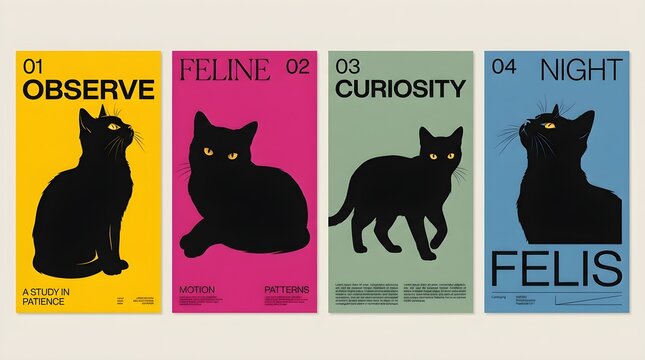 Set of four artistic posters featuring cute black cats with colorful backgrounds and bold typography for modern home decor