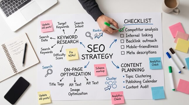 SEO strategy planning with keyword research checklist and content marketing notes on white office desk workspace
