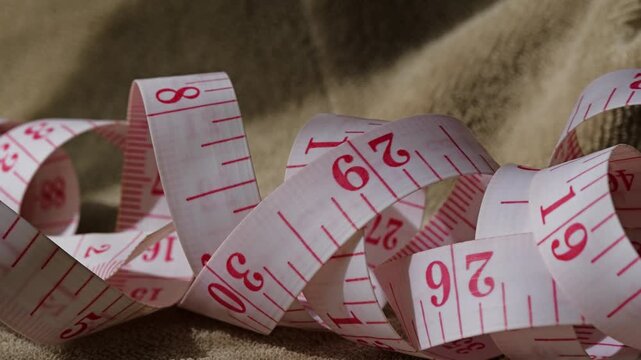 White cloth tape measure with red numbers resting in loops on a textured tan surface for sewing and tailoring.