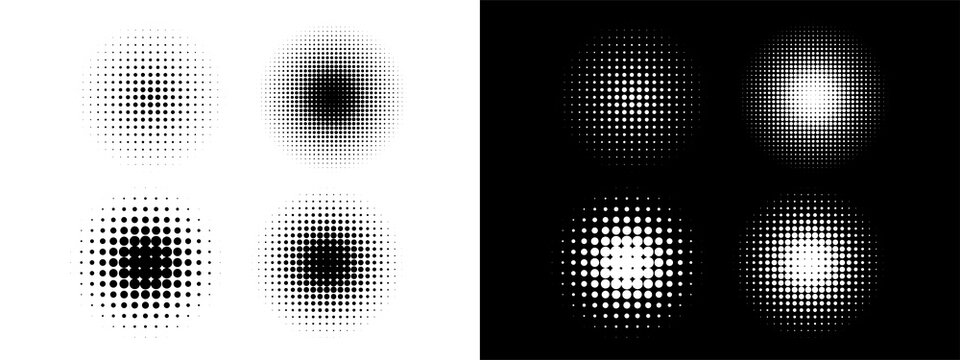 Set of halftone dot gradient circles, abstract circular shapes with varying dot sizes for design elements, isolated on transparent background