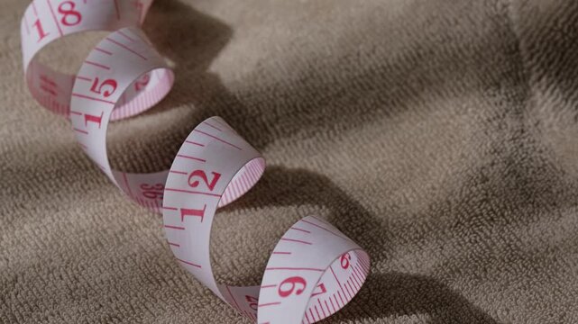 White tape measure with red markings resting on brown cloth