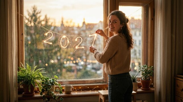 Lady hang decoration: look forward, prepare celebration, Happy Year, sparkler 2027, warm anticipation, festive hope, cozy home, New Dawn, winter evening.