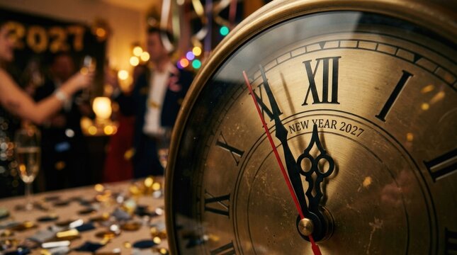 Golden party timepiece: look forward, anticipation build, prepare celebration, happy holiday, New Year, epoch 2027, vintage dial, festive background, midnight second, brass clock.