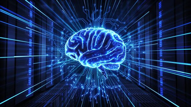 Detailed digital brain glows server corridor, electronic pathways extending outline. Blue beams illuminated points connectivity. Futuristic for machine learning, cognitive computing data processing 3D