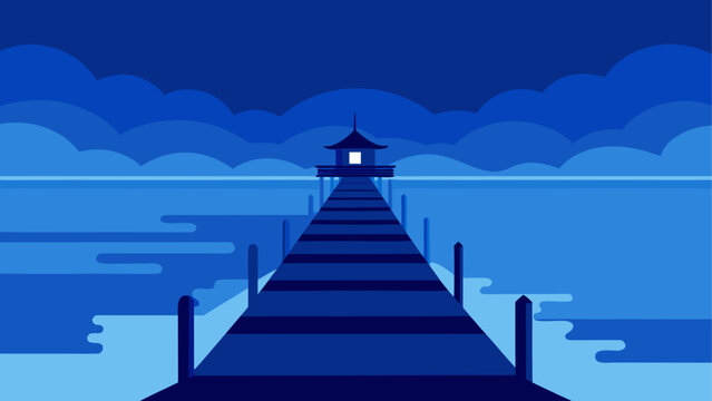Illustration of a pagoda on a long pier