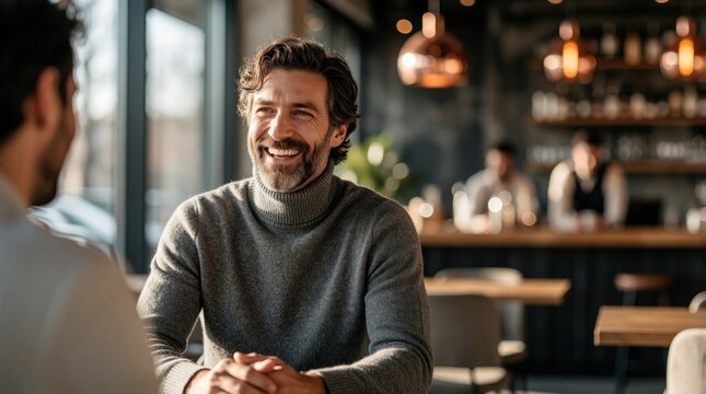 Smiling bearded man in gray turtleneck sweater sits at cafe table. Mature male person talks with friend colleague in modern coffee shop. Happy guy enjoys casual conversation, social life in urban
