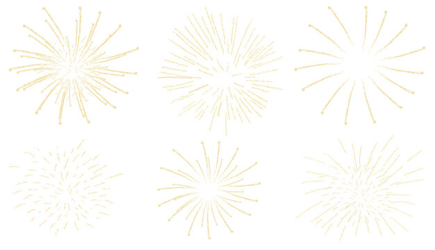 Collection of six hand drawn golden fireworks bursts with varied radial patterns, isolated as decorative celebration elements for festive designs.
