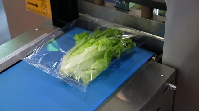 Food package wrapping machinery. Vegetable and fruit on flow packing machine. Food industry