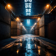 Fototapeta premium Empty industrial warehouse with tall metal shipping containers. Dramatic blue, orange lighting shines on wet concrete floor. Large steel structures, massive storage space create deep perspective in