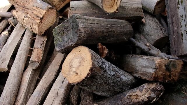 Detailed view of stacked chopped wood logs prepared for winter heating