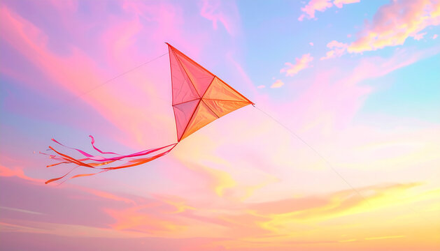 Kite dipping and looping with trailing tail across soft pastel sky in playful still generative AI