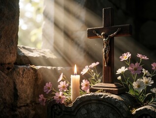 Fototapeta premium Wooden crucifix stands on old stone grave. Lit candle, pink cosmos flowers decorate tombstone. Soft sunlight rays shine through ruins. Christian symbols for mourning, prayer, memory of deceased