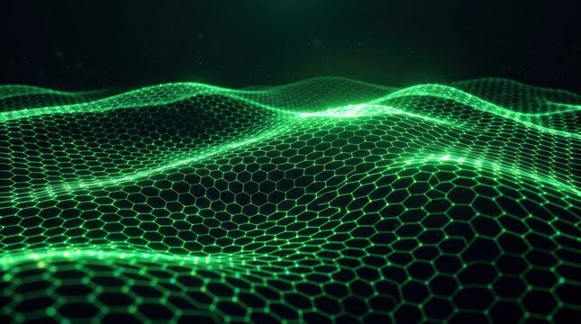 Abstract digital green hexagonal grid wave surface background