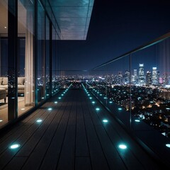 Fototapeta premium Modern luxury balcony with LED floor lights at night. Dark wooden deck, glass railing offer view of glowing cityscape skyline. Highrise apartment terrace overlooks urban buildings under dark sky.