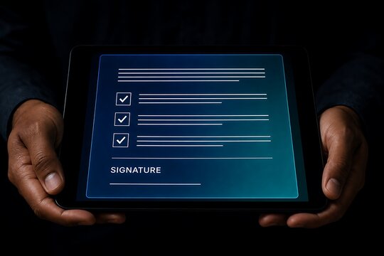 Person holding digital tablet displaying glowing contract document with checkboxes and signature lin