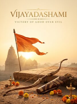 Vijayadashami festival poster with bow and arrow, saffron flag and temple silhouette, victory of good over evil concept, golden sunrise background