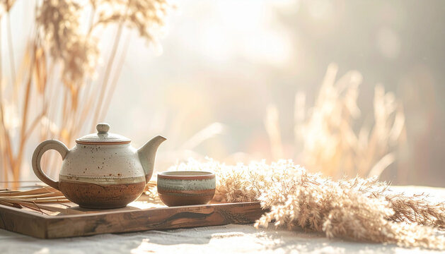 Ceramic teapot set on wooden tray with dried grasses in calm still life generative AI