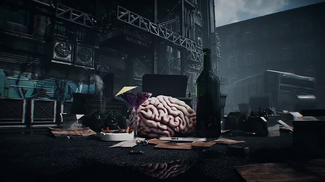 Alcohol and smoking harmful effects on the brain. Human brain discarded in a garbage bin with alcohol bottle and smoldering cigarette, symbolizing addiction and health risks. 4k animation