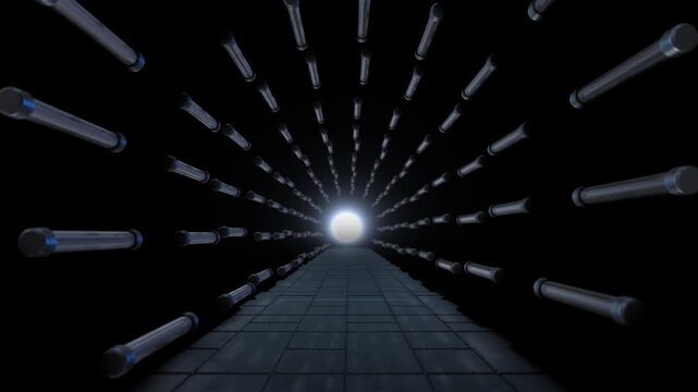 Shadowy corridor metallic rods narrow tiled path, luminous orb distant center. Deep perspective repeated forms create a surreal environment. Cinematic video background portals, journeys and technology