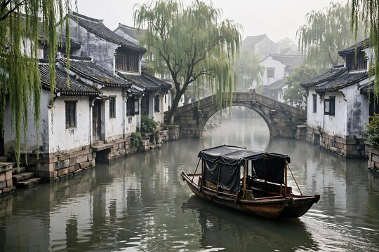 Black-Awning Boat on Misty Canal in Jiangnan Water Town