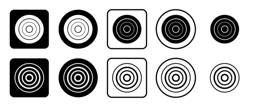 Set of ten checker game icons in filled and outline styles, plain or inside rounded squares and circles. Illustration on transparent background