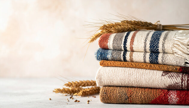 Stack of folded handwoven textiles in earthy stripes resting in soft diffused daylight generative AI