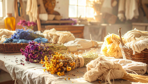 Bundles of dried flowers for natural dyeing arranged on wooden workbench in soft light generative AI