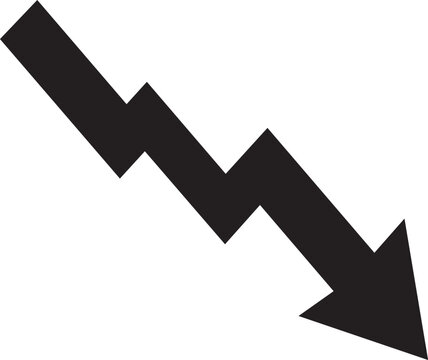 Minimalist black downward arrow icon, zigzag line showing financial decline, vector symbol for economic recession and market loss