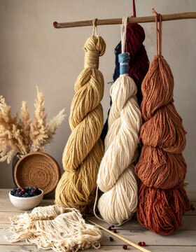 Hanging skeins of naturally dyed yarn in vertical frame with soft diffused light generative AI