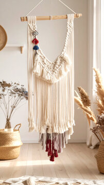 Long hanging macrame piece with fringe in vertical mobile story format and soft light generative AI
