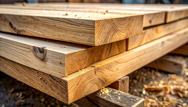 Stack of freshly cut oak boards resting on sawhorses in warm cinematic workshop light generative AI