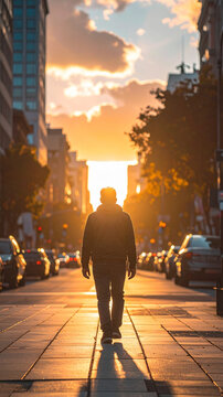 Person seen from behind walking warm sunlit city avenue toward the distant horizon generative AI