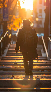 Commuter from behind descending sunlit outdoor steps with warm tones and motion blur generative AI