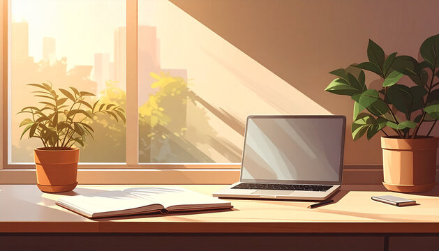 Modern coworking desk near window with plain notebook unbranded laptop and small plant generative AI