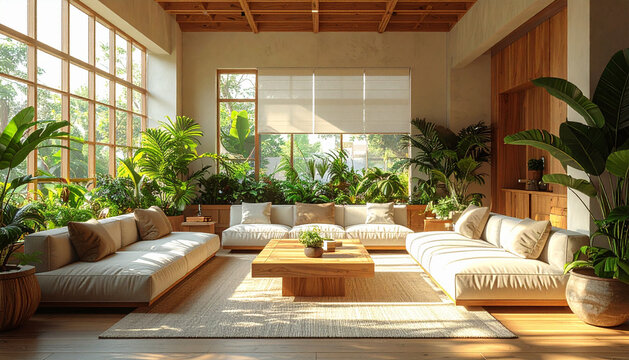Warm lit shared workspace lounge with soft sofas low wooden tables and plants standing empty generative AI