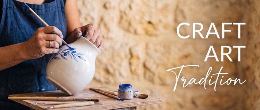 Artisan painting ceramic pottery vase in craft studio workshop with brush and blue paint, handmade traditional ceramic art design and pottery master craft hobby creative concept copy space.