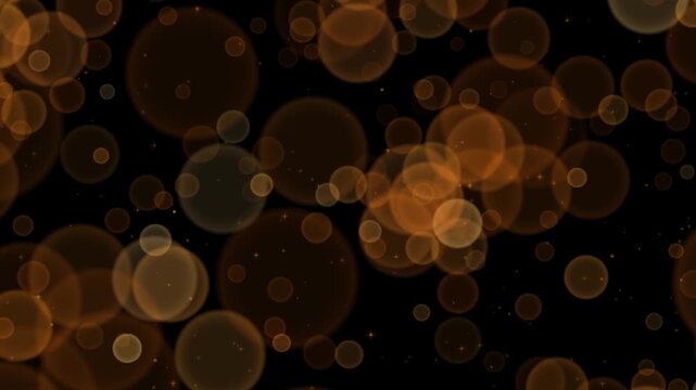 Deep bronze bokeh circles falling slowly down a black background as large defocused discs descend past smaller sharp sparkles through overlapping layers of depth