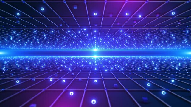 Mirrored neon lattice planes futuristic corridor cubes circular particles violet light. central luminous band adds depth digital network background onscreen titles, technology intros immersive visuals