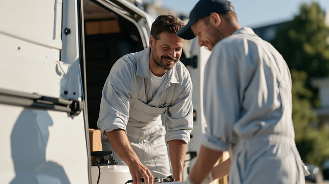 Forensic cleaning team packing bio-recovery equipment after completion of sensitive property cleanup, unmarked van, plain uniforms, discretion implied by calm professional
