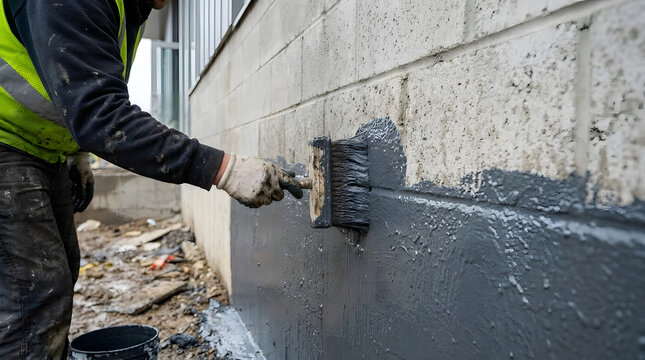 Construction Worker Applying Liquid Waterproofing Bitumen Coating | Professional Mason Coating Foundation Concrete Wall with Bituminous Coating | Foundation Waterproofing Application on Exterior 