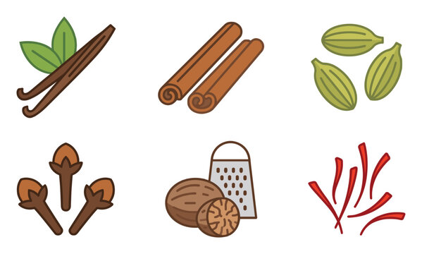 Assorted spice icons including vanilla cinnamon cardamom cloves nutmeg saffron