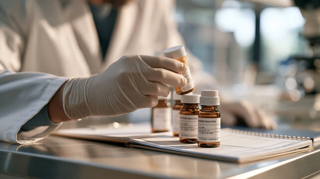 Close up of gloved laboratory hands carefully labeling amber prescription bottles with lot numbers and batch codes while adverse reaction tracking logbook lies open nearby on