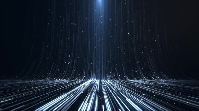 Curved luminous strands points suggest optical fibers digital signals dark space. Blue illumination converging lines abstract data transmission background network videos, presentations tech intros.