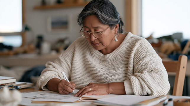 Inuit community health representative carefully documenting suspected traditional medicine and prescription drug interaction adverse event on standardized national reporting form,