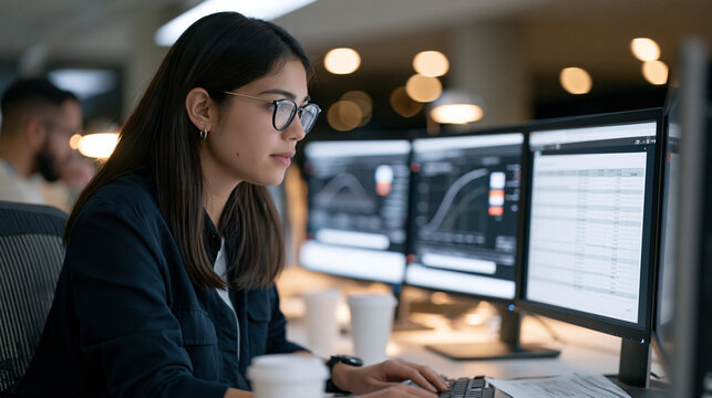 Signal detection pharmacovigilance specialist staring intensely at statistical disproportionality analysis graphs on triple monitor setup, empty paper cups and printed data tables