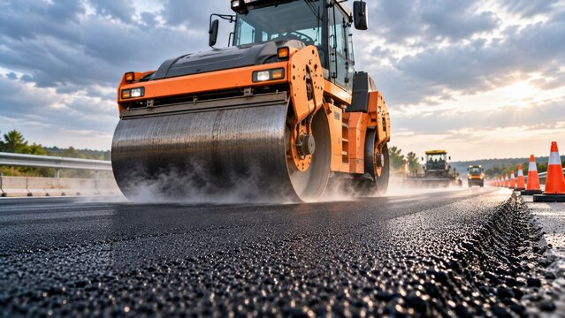Heavy orange road roller compacting fresh hot asphalt on highway construction site during sunset golden hour.