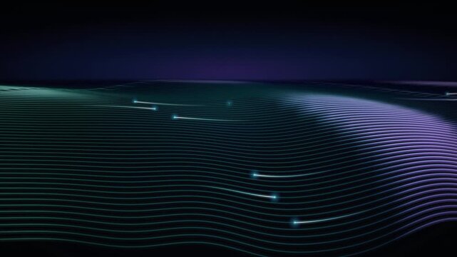 Abstract wavy topographic landscape with glowing lines and ripple effect representing data flow and strategic adaptation